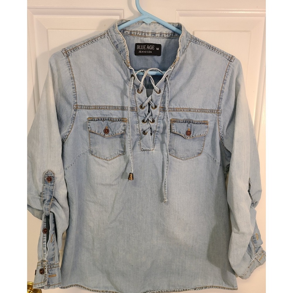 Peasant Shirt Youth Med Blue 100% Cotton Denim Lace Up Pullover Long Sleeve - Picture 2 of 7